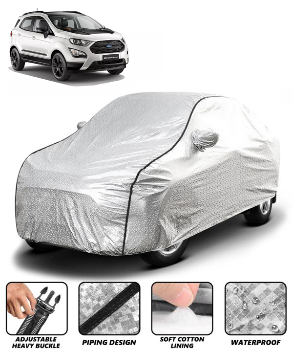 Carzex Waterproof & Heat Resistant Metallic Silver With Black Border Car Body Cover with Mirror Pockets For Ford Ecosports Old